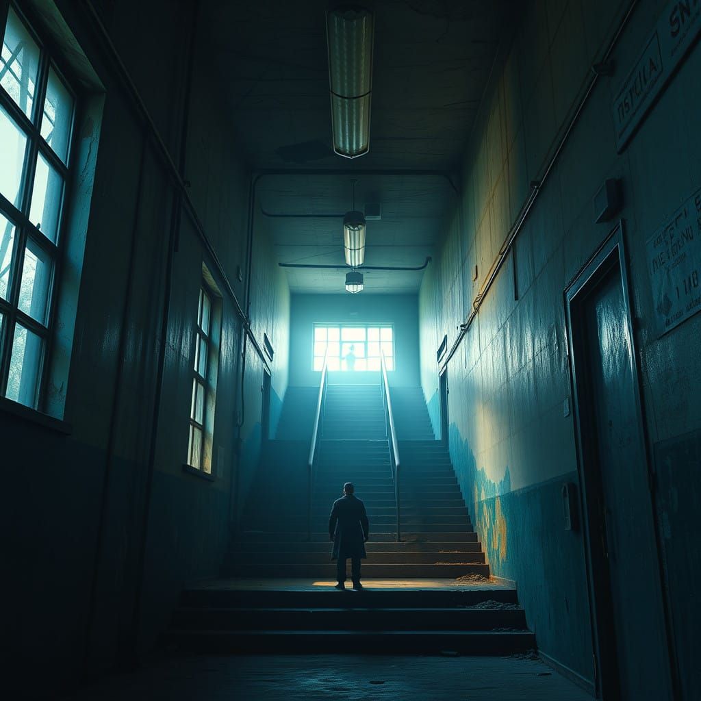 Surreal School Stairway Beckons in Dim Evening Light