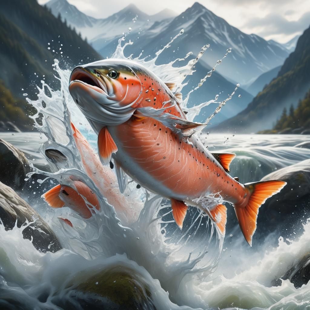 Salmon Leaping in River: Hyper-Realistic Splash Art