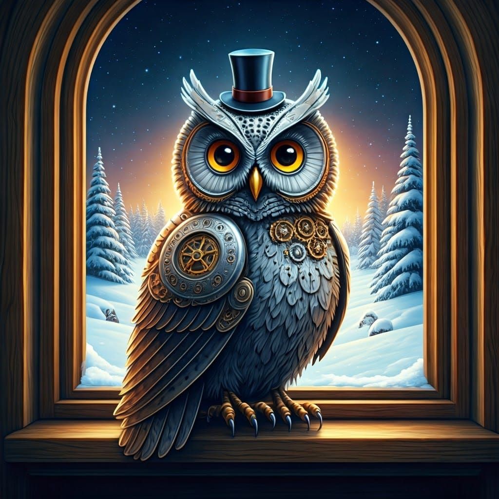 Clockwork Owl Perched on a Snowy Cottage Windowsill