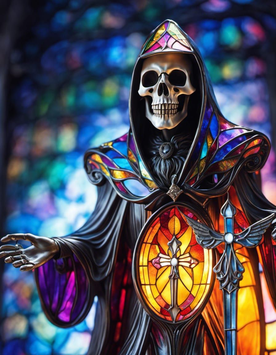 Detailed Grim Reaper with Stained Glass Wings