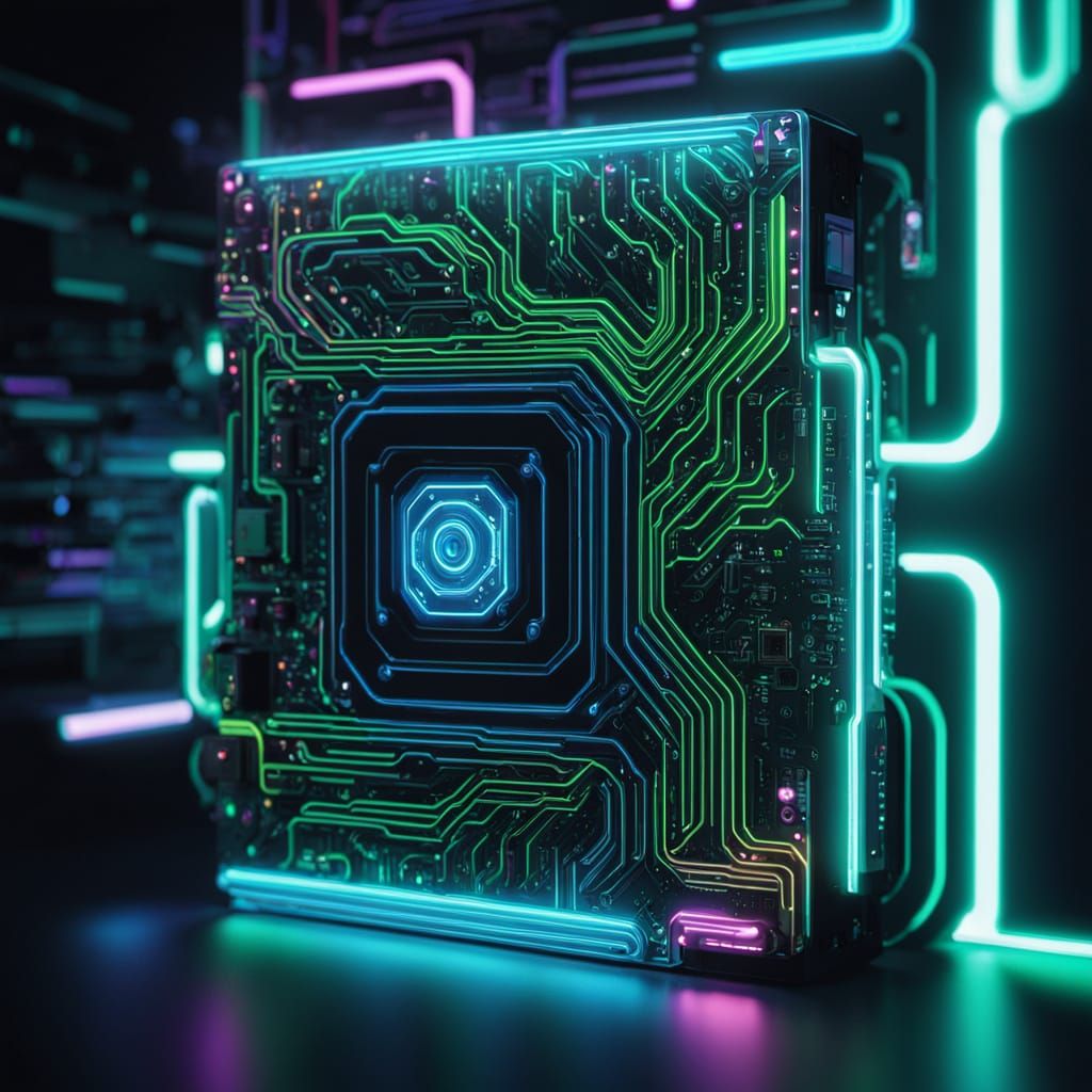 Glowing Neon Code Swirls Around Futuristic Computer Engine
