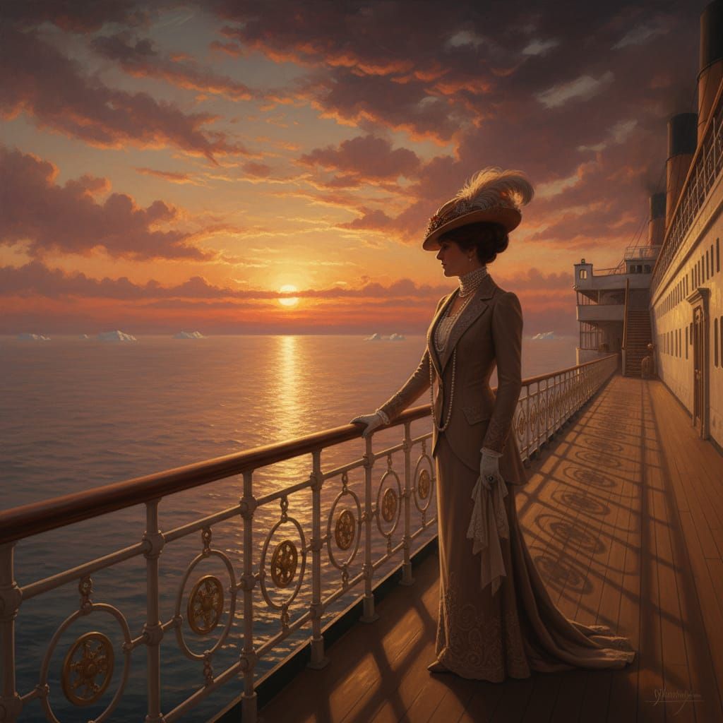 Woman on Titanic Deck at Sunset Matte Painting