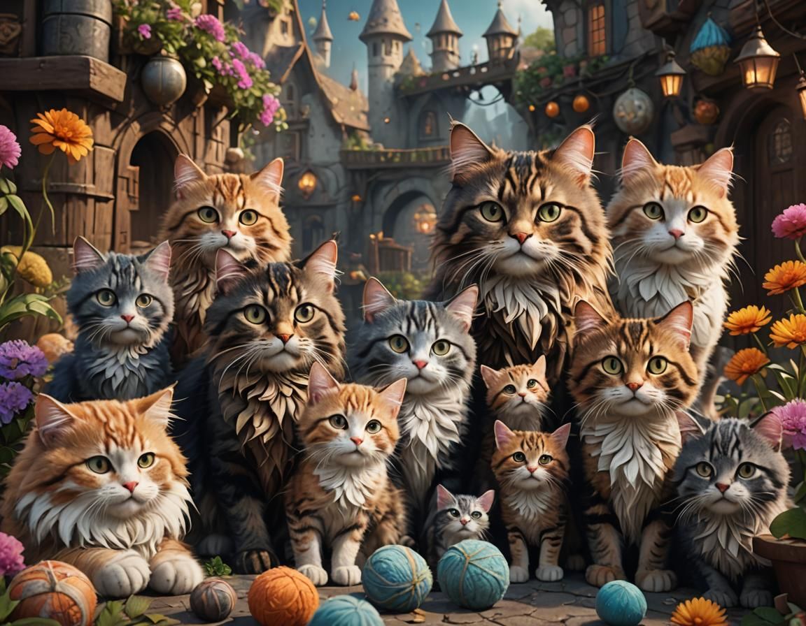 Cute Fuzzy Cat Family: Detailed Matte Painting