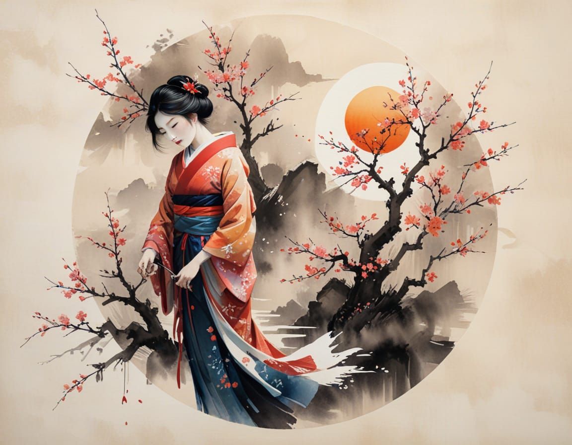 Geisha Under Blossom Tree at Sunset in Colored Ink Wash