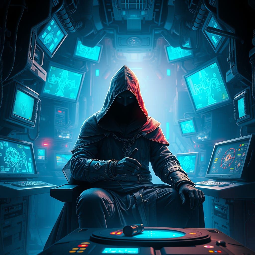 Hooded Figure Plotting in Luminous Cyberpunk Lair