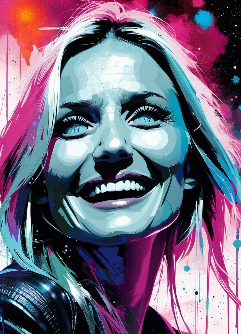 Cameron Diaz, laughing, pensive, portrait by Russ mills, melting squares, nebula eyes, dual exposure galaxies by Sophia ...