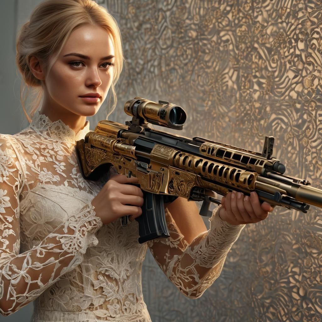 Woman with Machine Gun: Hyper-Realistic Digital Portrait
