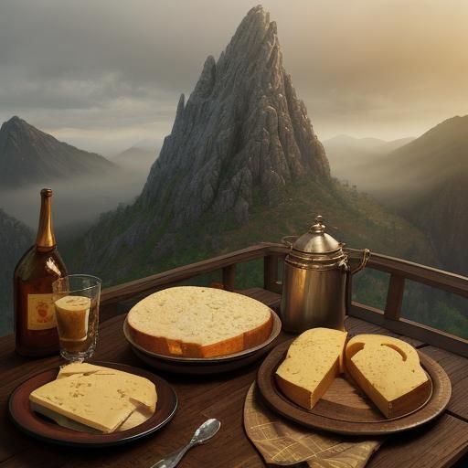 Giant Bread and Cheese Still Life on Mountain Peak