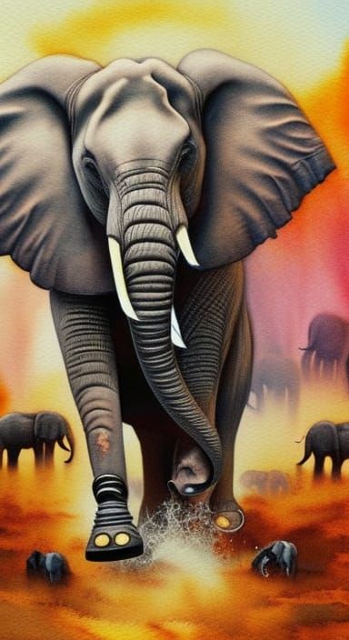 Hyperrealistic Elephant Stampede Splash Art in Watercolor
