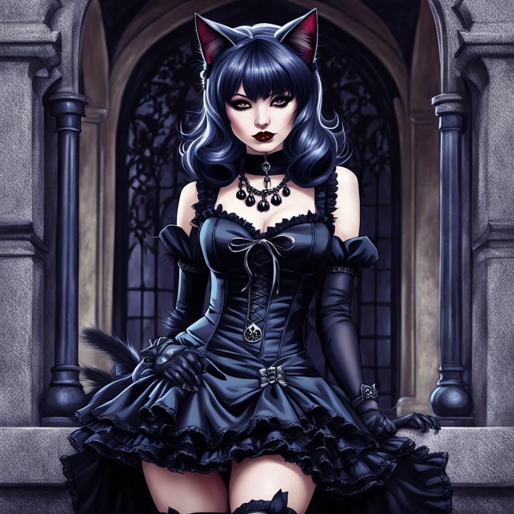 Gothic Catgirl Pinup in Neko Style