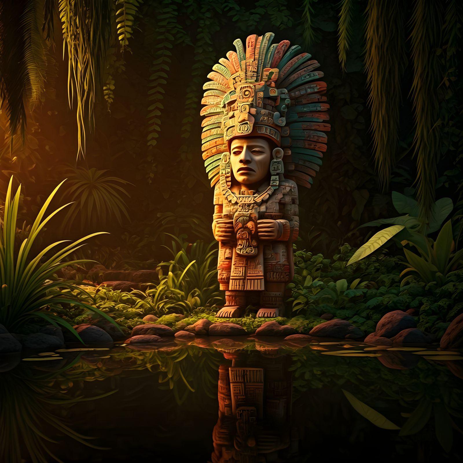 Adorned Maya Idol Sculpture in Forgotten Garden