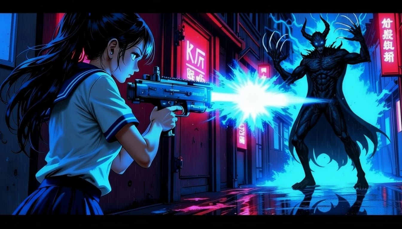 Anime Schoolgirl Battles Demon Lord in Cyberpunk Alley