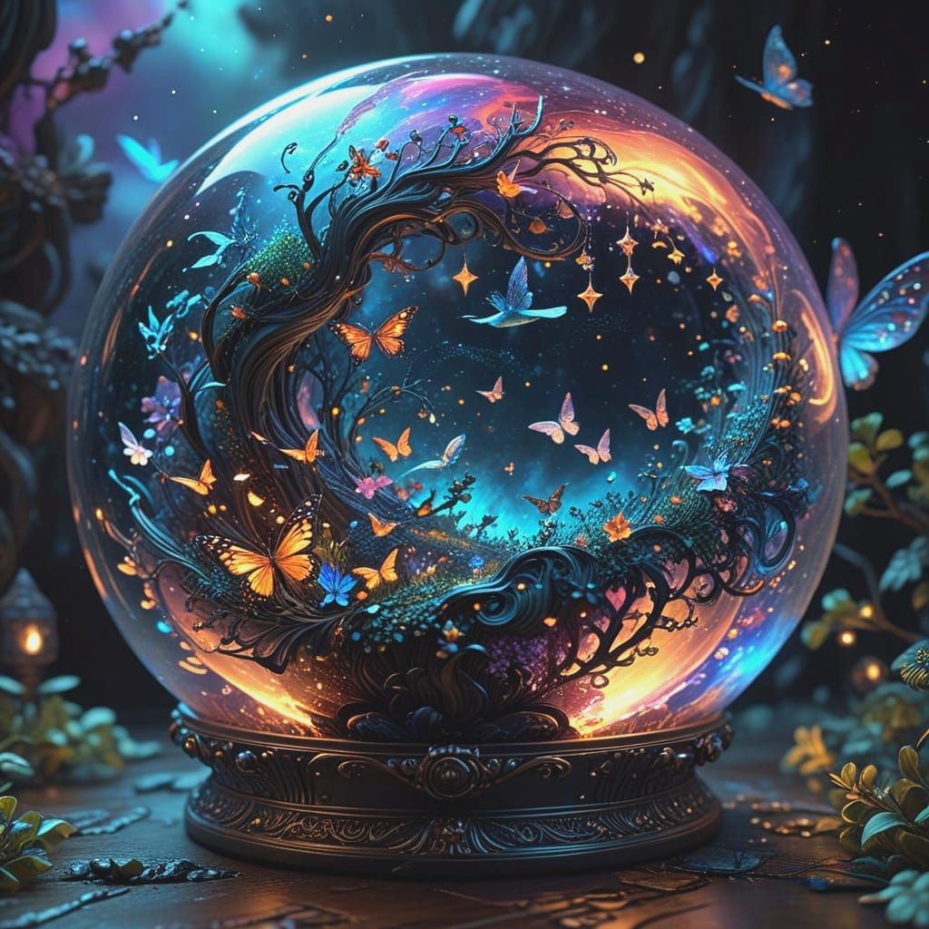 Whimsical Cosmic Realm Inside Swirling Iridescent Sphere