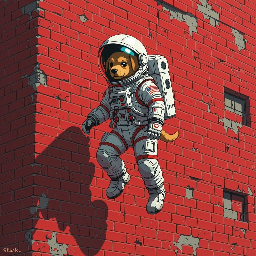 Puppy Astronaut Over Red Brick in Sci-Fi Style