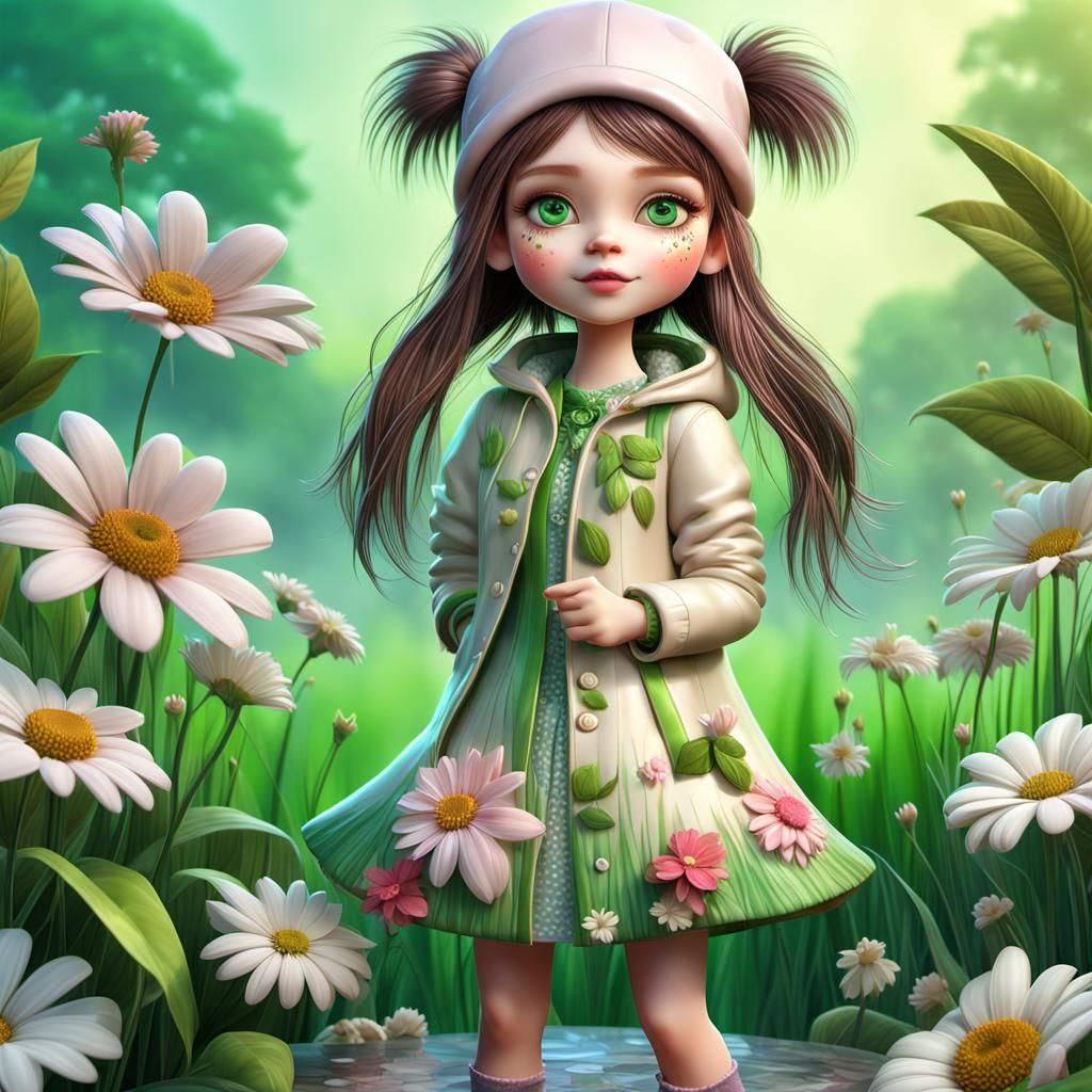 3D Girl Portrait with Green Cap and Flowered Dress
