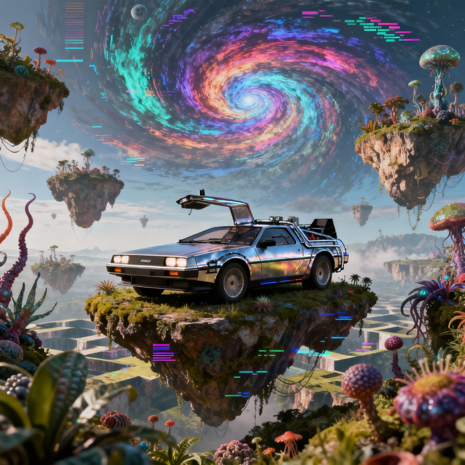 DeLorean in Escher Landscape with Swirling Sky