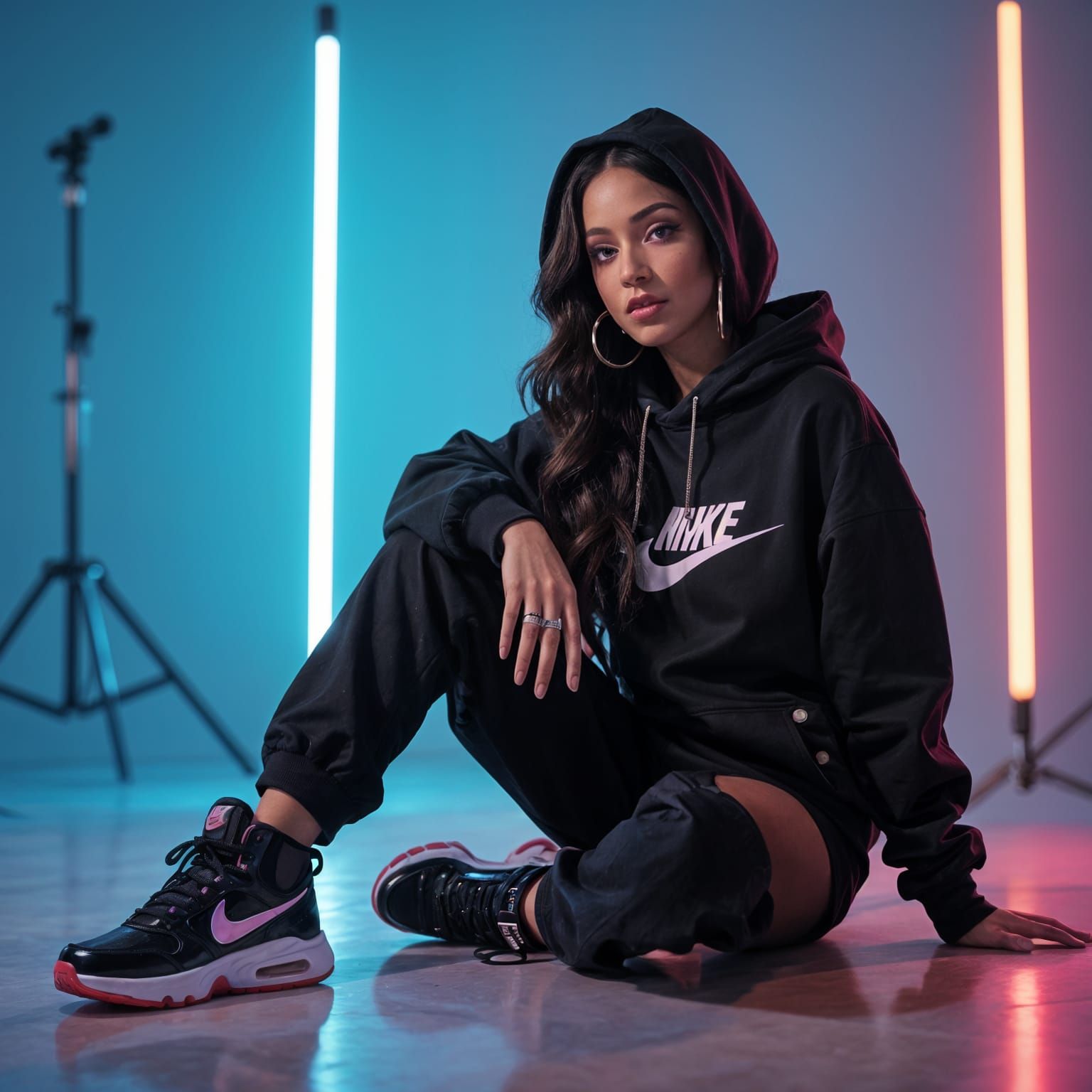 Confident Woman with Pink Hair in Neon Lit Rap Studio