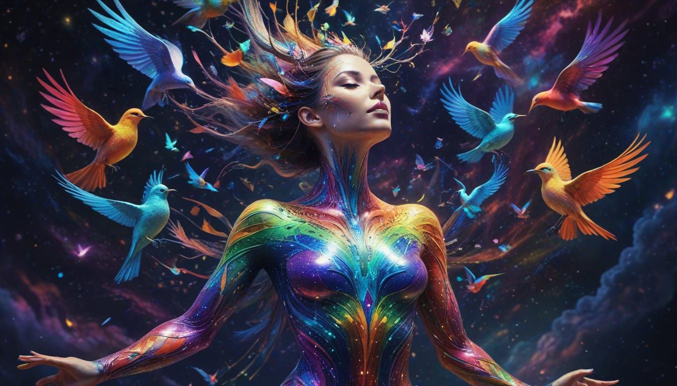 Rainbow Goddess in Vibrant Cosmic Attire