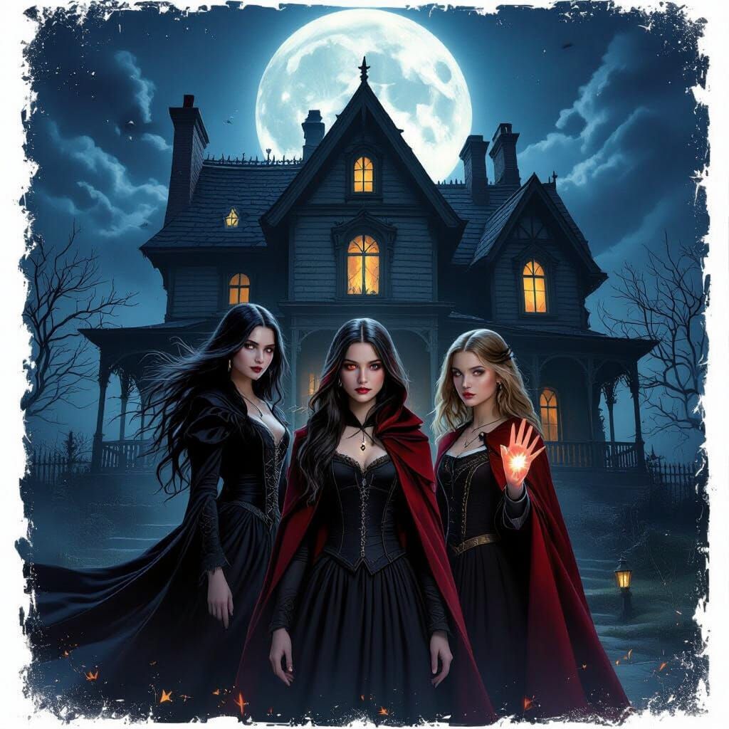 Fantasy Poster: Witch, Vampire, Human Sisters at Enchanted H...