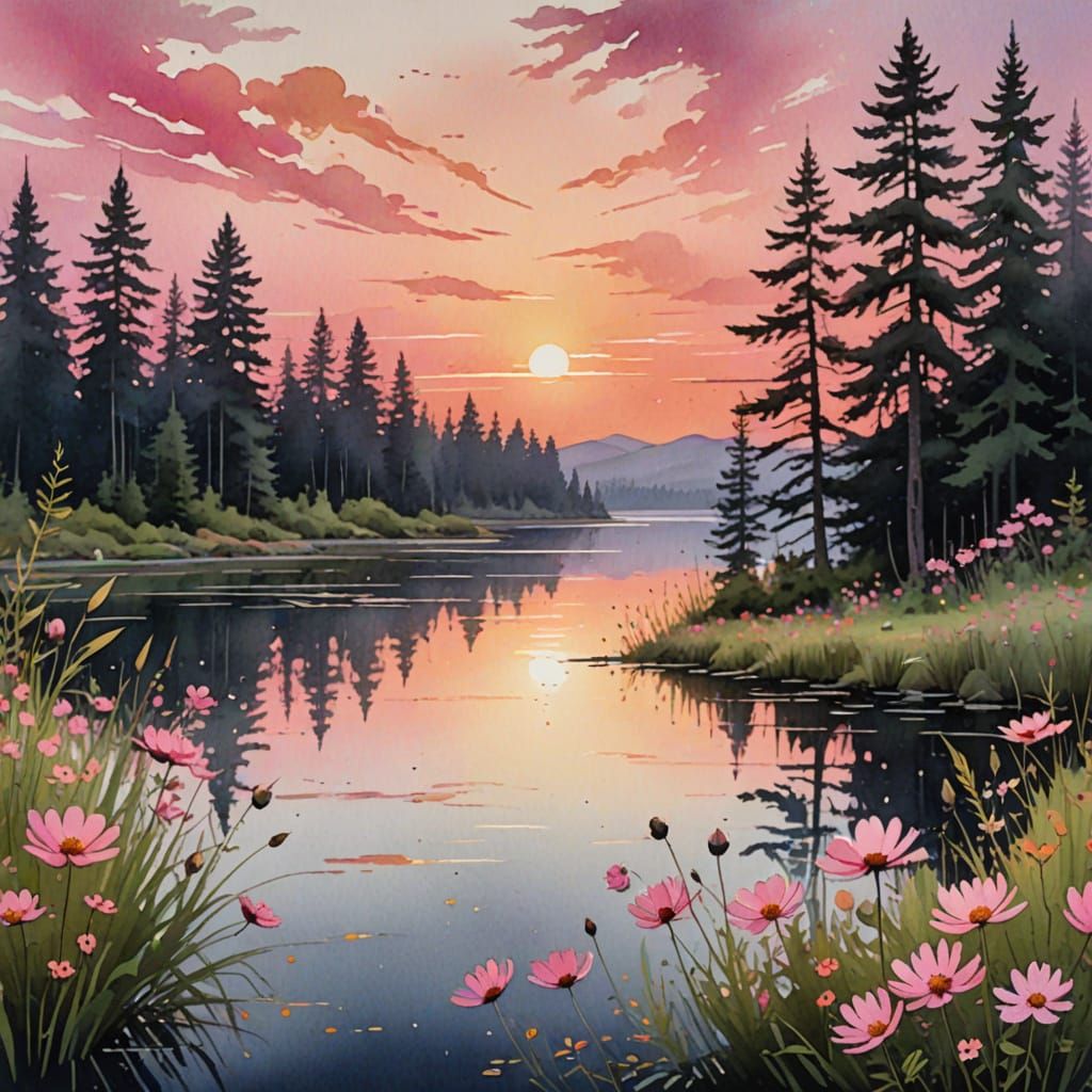 Watercolor Sunset Over Lake with Pine Trees and Cosmos Flowe...