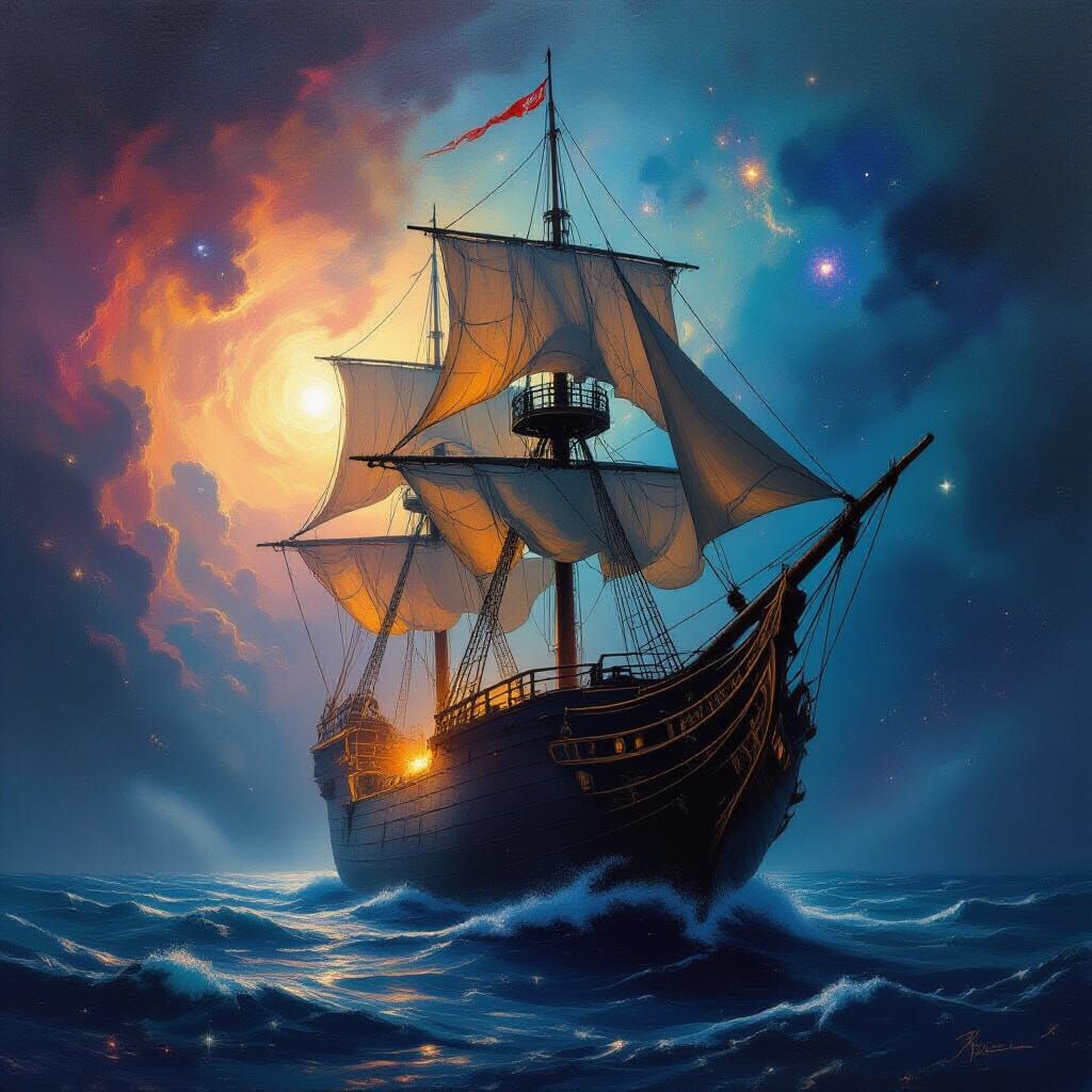 Colossal Ancient Ship Adrift in Vibrant Nebula