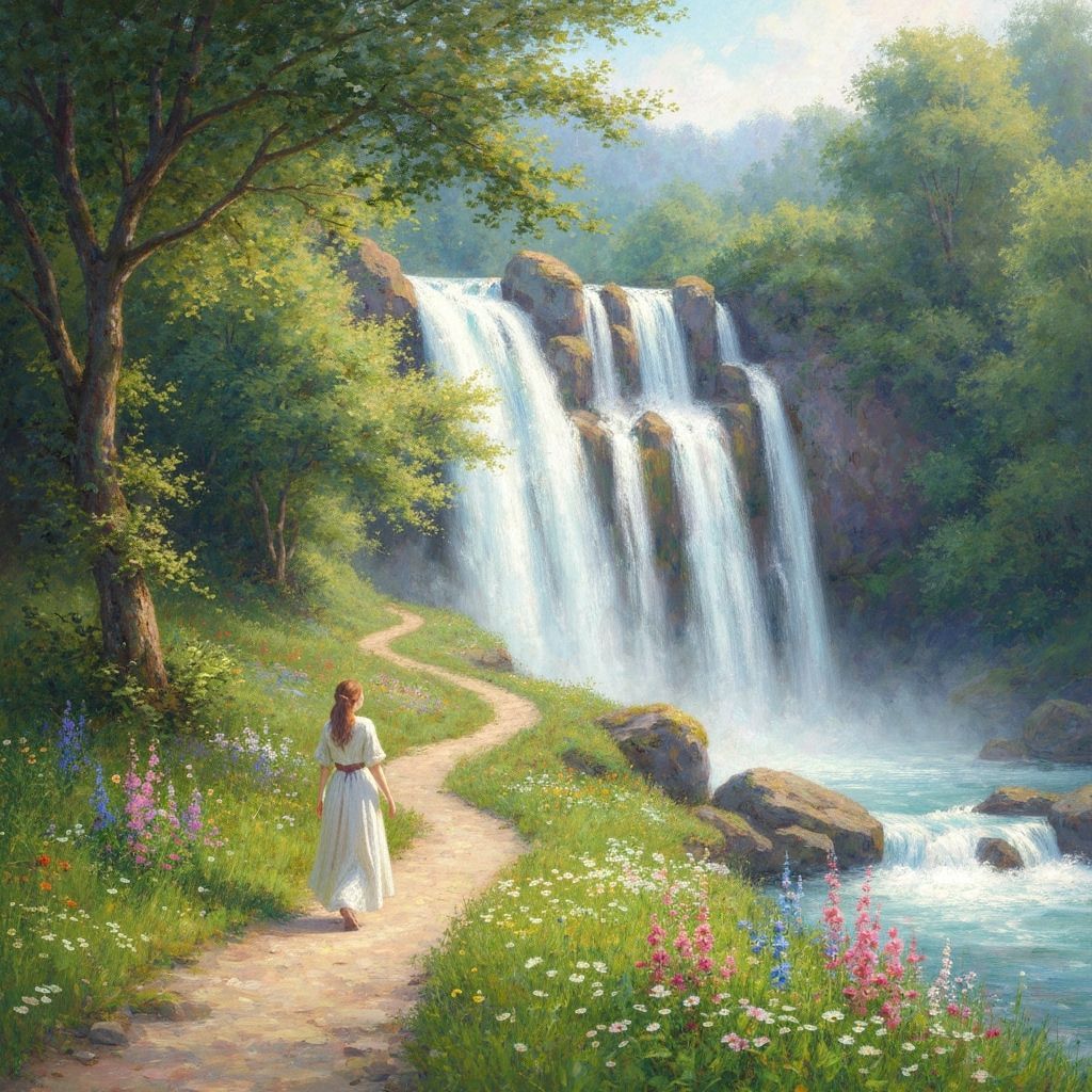 Cascading Waterfall: Serene Woman in Romantic Landscape