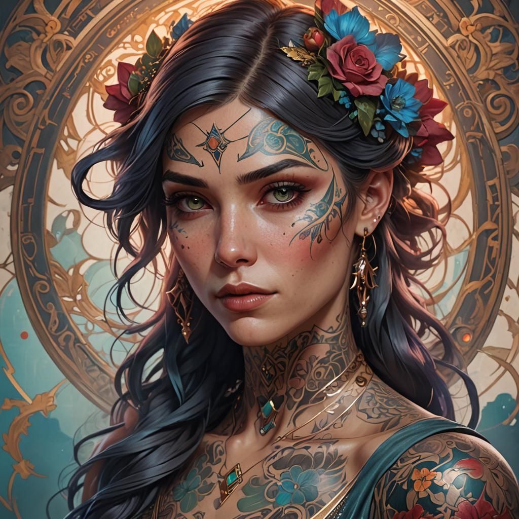 Tattooed Lady Portrait in Art Nouveau Style