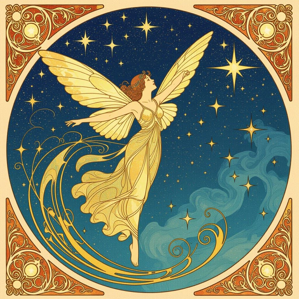 Cosmic Fly's Celestial Dance in Art Nouveau Style