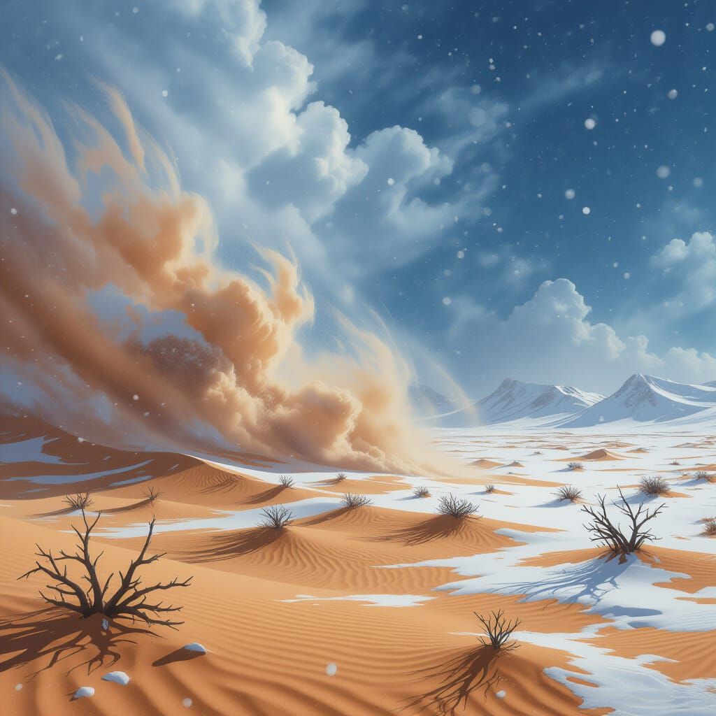 Snow and Sandstorm Collide in Desert Landscape