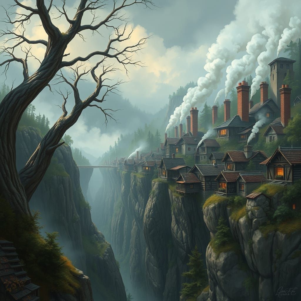 Whimsical Village Town Over Chasm in Fantasy Hyperdetailed S...