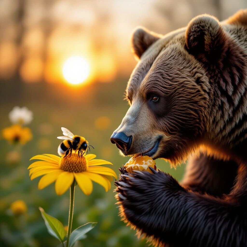 Brown Bear Eats Honey Near Bumblebee on Yellow Flower at Sun...