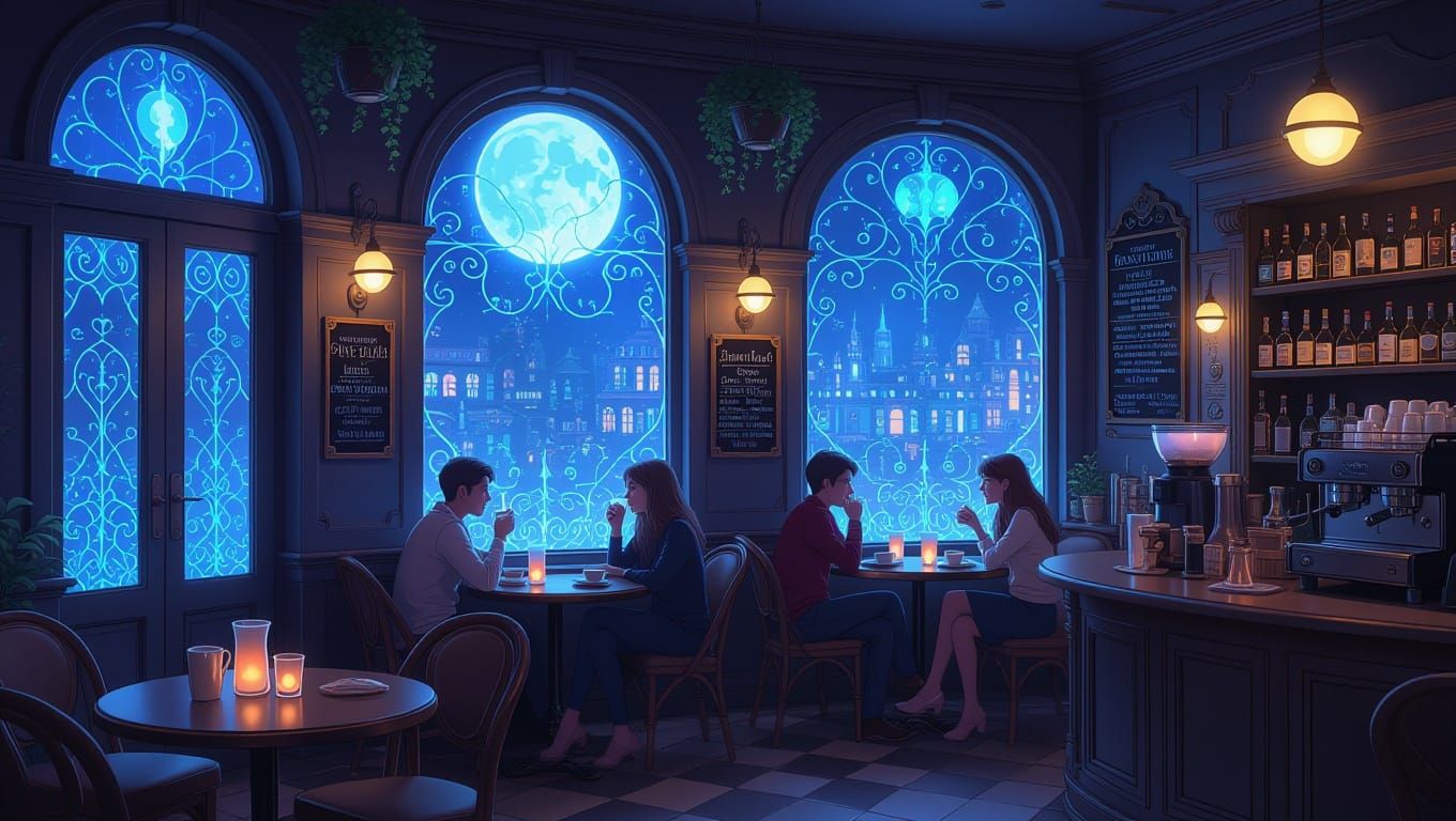Moonlight Sonata Cafe in Whimsical Storybook Style