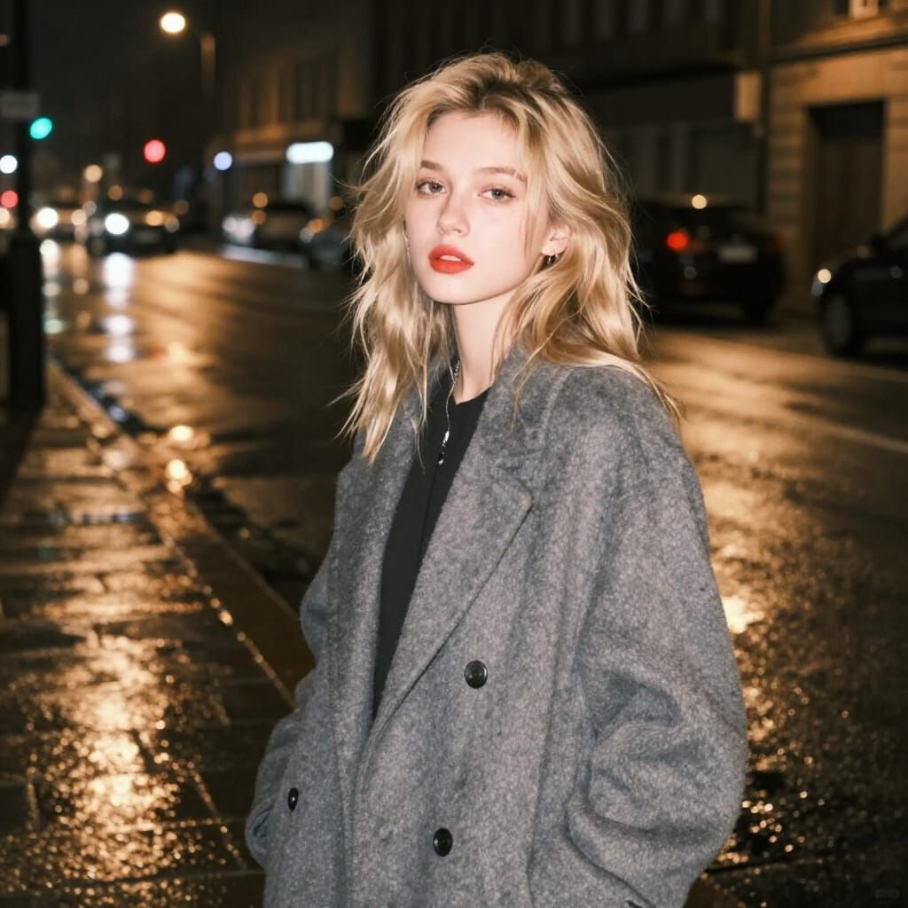 Woman in Grey Coat on Rainy City Street