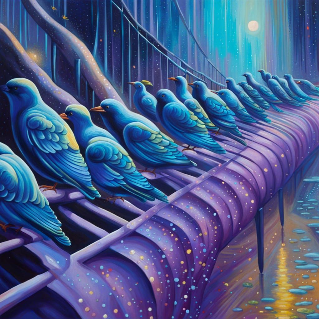 Birds on Futuristic Bridge in Hyperreal Maximalism