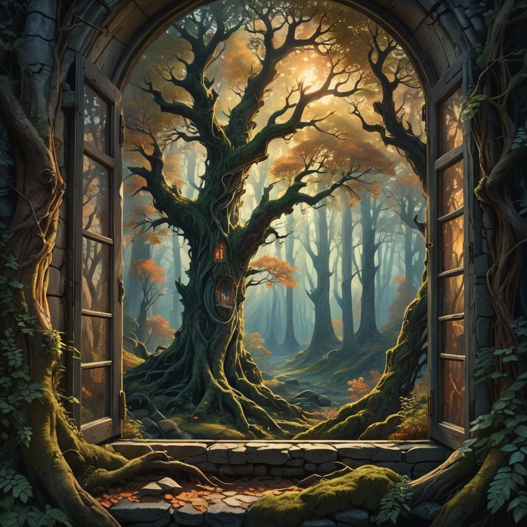 Ethereal Window to a Majestic Fantasy Forest