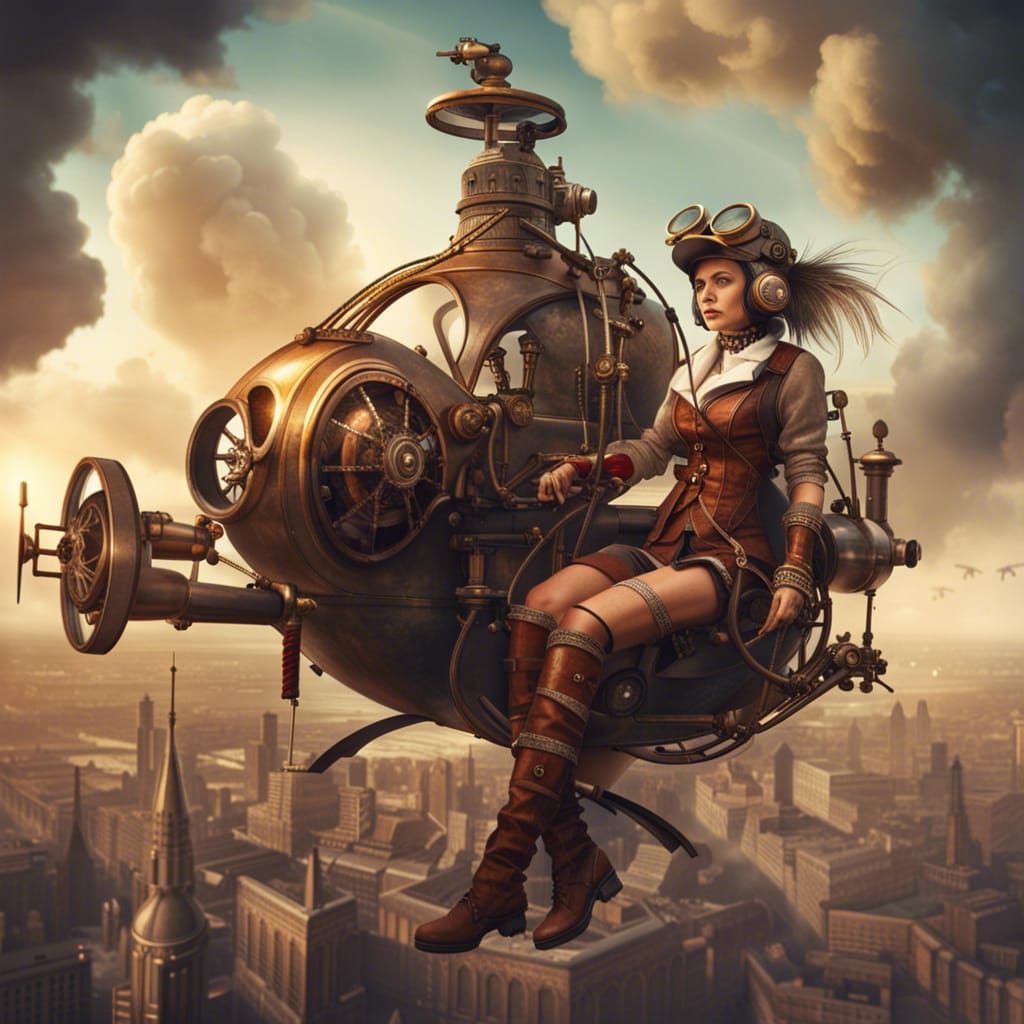 Steam powered gyrocopter with a female pilot, flying above a...
