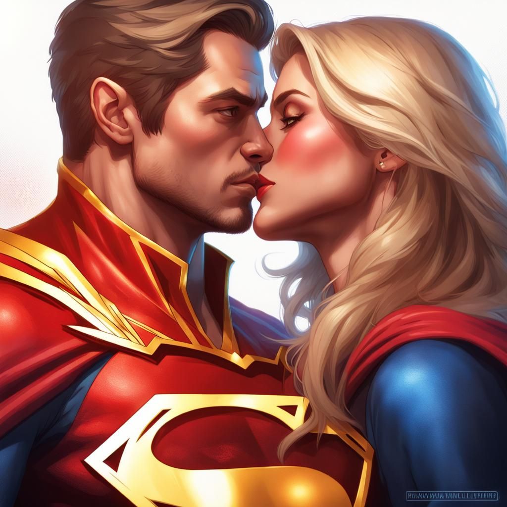 pretty blonde female, long hair, dressed as Supergirl, kissing, man dressed as The Flash,  head and shoulders portrait, ...