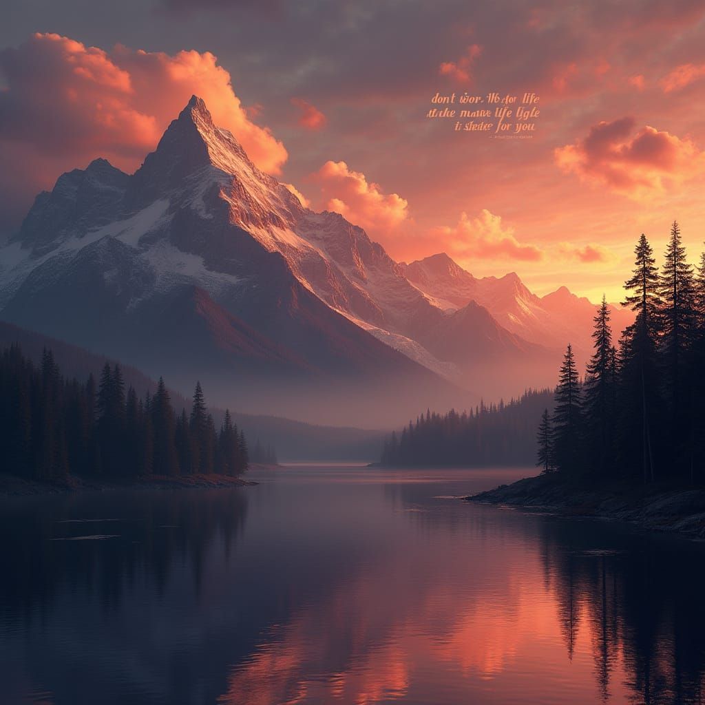 Majestic Mountains At Glowing Orange Sunset Digital Matte Pa...