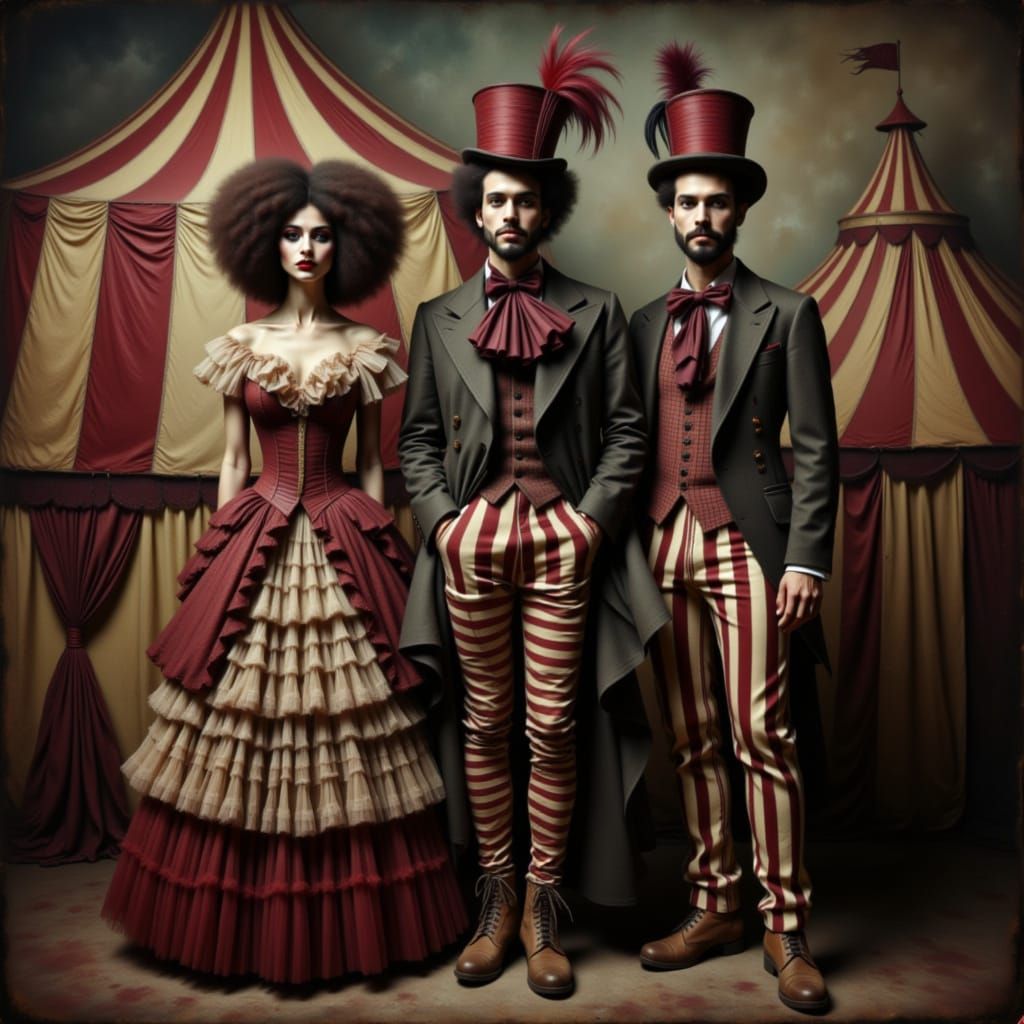 Vintage Circus Performers Before Weathered Tent