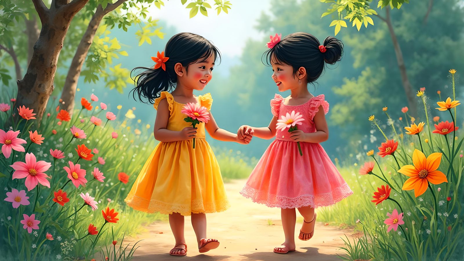 Girls Playing in Garden: Gouache Watercolor Impressionism