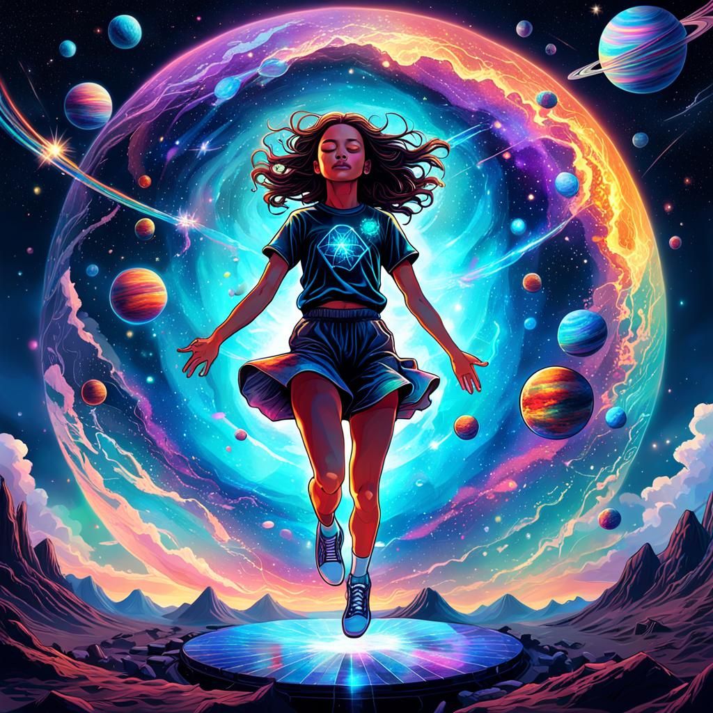 Surreal Cosmic Fall: Holographic Astral Illustration