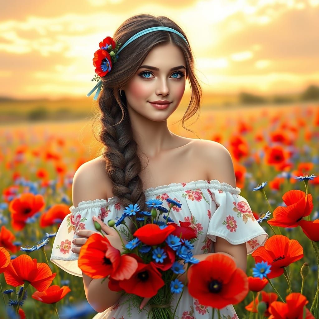 Gentle Russian Beauty in a Field of Vibrant Poppies