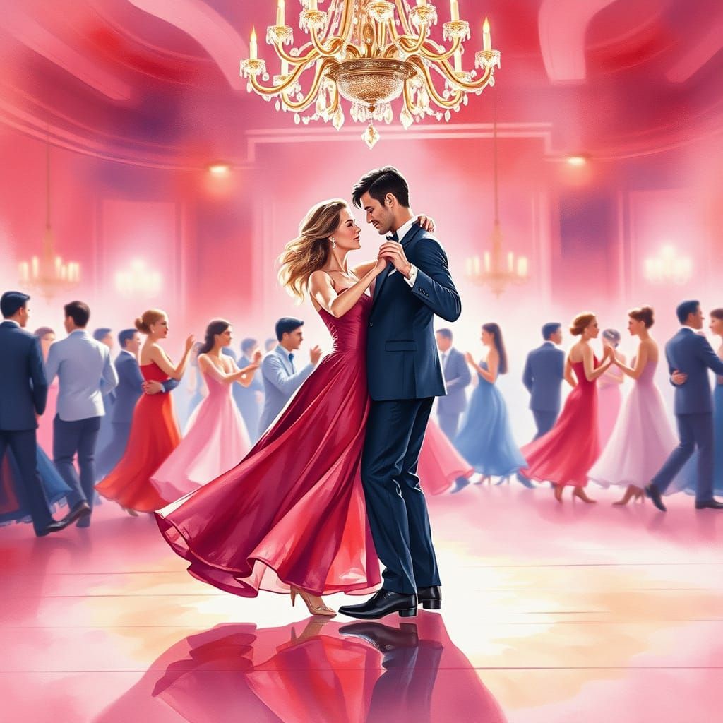 Elegant Couple Dancing in Soft Focus Ballroom Scene