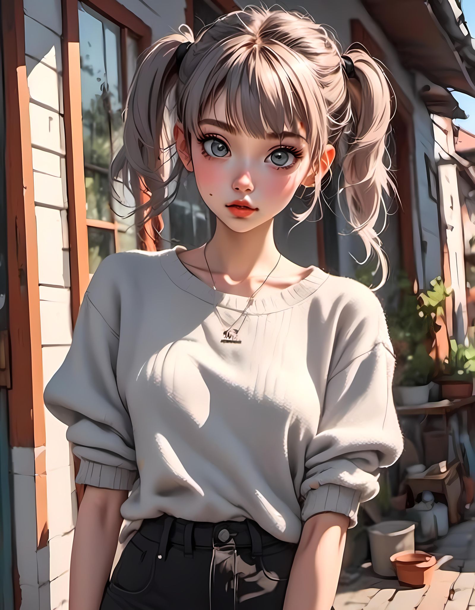Anime Woman with Pigtails at Doorway