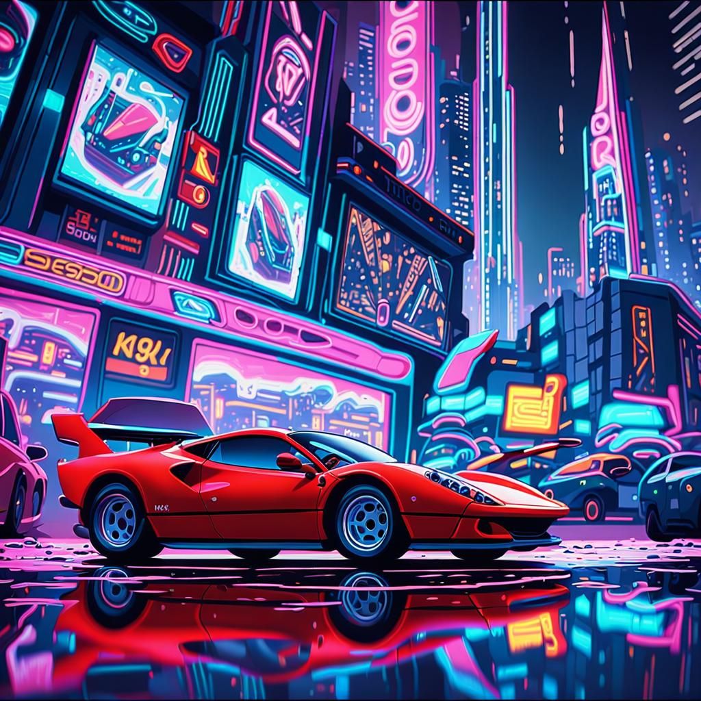 Ferrari in Neon-lit Retrofuturistic Cityscape
