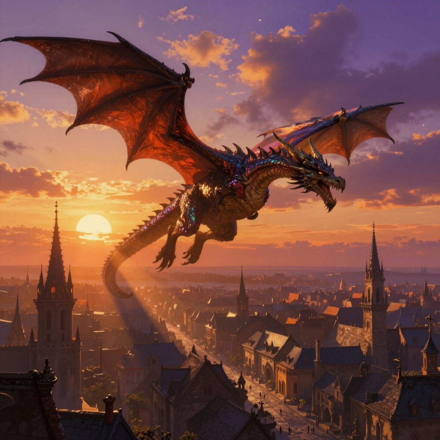 Colossal Dragon Soars Over Medieval City at Sunset