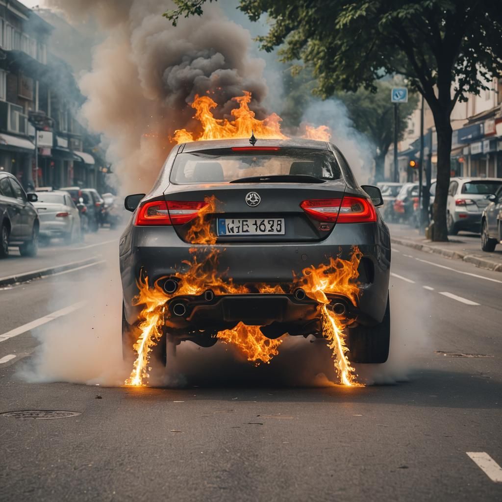 Fiery Car Exhaust: Rear View in Action