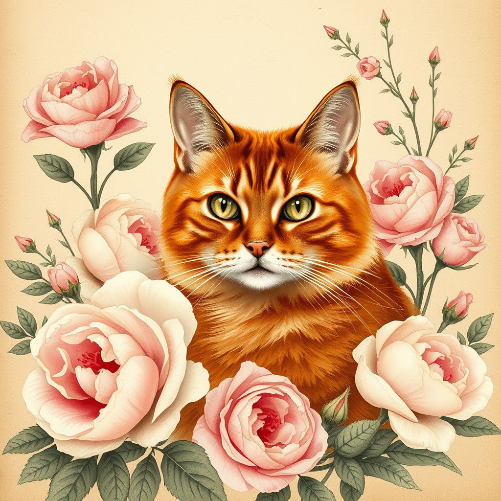 Red Tabby Cat with Roses in Vintage Style