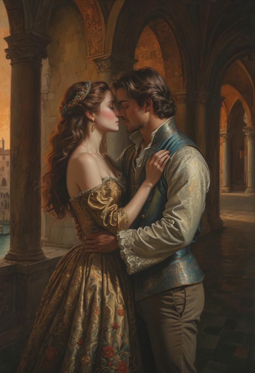 Romantic Couple's Embrace in Renaissance Castle Setting