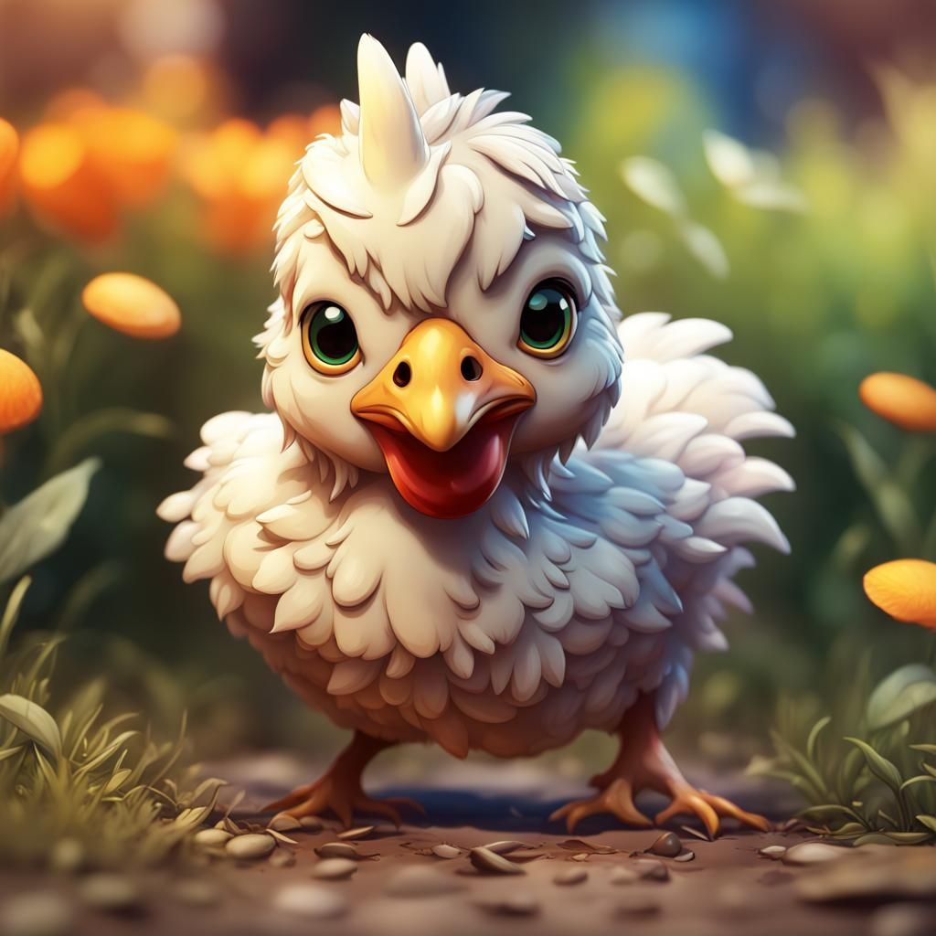 Hyperrealistic Chibi Chicken in Colorful Yard